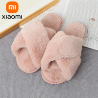 Xiaomi Women Winter House Furry Slippers Women Cross Fluffy Fur Home Slides Flat Indoor Floor Shoes Ladies Flip Flops