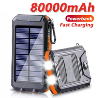 Solar Power Bank 80000mAh Portable Charging Poverbank External Battery Charger Strong Light LDE Light for All Smartphones
