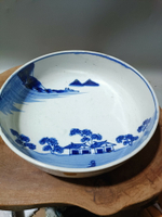 日本回流瓷器古董青花山水人物大缽盤皿，保真包老，清代老青花盤