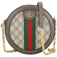 GUCCI 古馳 GG Ophidia 老花綠紅綠織帶斜背圓餅包(卡其色)