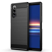 Soft Silicone Case For Sony Xperia 5 Holder Stand Shockproof Phone Cover for Sony Xperia5 Brushed Carbon Fiber Case