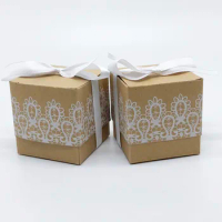 20pcs/lot Kraft Box Wedding Favour Candy Gift Boxes Packaging Cookies Dragees Cake Box With Lace