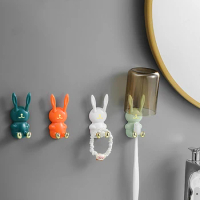 Cute Rabbit Toothbrush Holder Punch-free Bathroom Storage Rack Self-adhesive Wall Hook Multifunctional Power Plug Holder Hanger