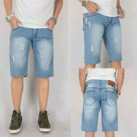 Celana pendek pria jeans sobek distro cowok keren