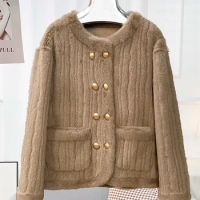New fur coat for women with round neck and double breasted faux mink fur vertical pattern fur integrated coat, environmentally