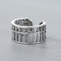 100% 925 Sterling Silver Engagement Party Vintage Silver Ring Lucky Abacus Beads Open Ring for Women Men