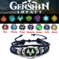 Genshin Impact Leather Bracelet Luminous Eye of God Snap Button Water Wind Thunder Fire Rock Element Bracelets Jewelry account
