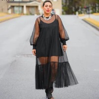 VAZN 2022 Spring Classic Black Network See Through Lace Holiday Sexy Young Elegant Full Sleeve Women Long A-Line Dress