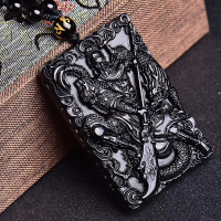 Kalung Guan Gong Kotak - Natural Obsidian Stone Carving Pendants Men And Women Lovers Pendants Guan-