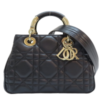 【二手名牌BRAND OFF】DIOR 迪奧【再降價】黑色 羊皮 籐格紋 Lady 95.22 兩用包