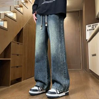 微喇牛仔褲男夏季復古美式風長褲春秋水洗寬鬆青少年直筒闊腿褲子-9851復古藍【常規】 M-款式2