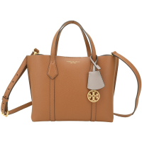TORY BURCH Perry 小款 撞色吊飾拼接荔紋牛皮兩用托特包(棕色)