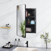 Black Plastic Medicine Cabinet Mirror Beveled Edge Round Corner Metal Frame Recessed Surface Mount Bathroom Organizer Tidy Decor