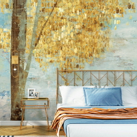 北歐風格電視背景墻壁紙墻紙輕奢樹林墻布金色壁布客廳壁畫壁布