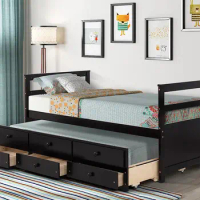 Twin Trundle Bed with Storage, Captain Bed with 3 Drawers, Wood Trundle Bed Frame with Pull Out Bed for Children Teens