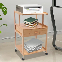 Mobile Printer Stand Holder with Storage Shelf Rolling Cart with Wheels Bamboo Rack for Home and Office