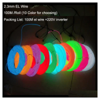Red/White/Green/Blue/Purple/Pink-2.3mm-100M Flexible Neon Light EL Wire Rope Tube with 220v Controller +free shipping