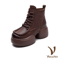 【Vecchio】真皮馬丁靴 厚底馬丁靴/真皮頭層牛皮立體滾邊復古繫帶厚底馬丁靴(棕)