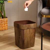 Echome Trash Bin Vintage Imitation Wood Grain Household Living Room Kitchen Toilet Office Large Paper Basket with Pressure Ring