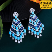 耳環 波西米亞藍色耳環 綠松石流蘇滿鑽耳環 s925銀針耳環 復古耳環 微鑲鋯石耳飾品 耳環