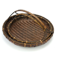 高檔中式復古竹編收納籃圓形托盤桌面收納零食水果籃中式竹籃托盤
