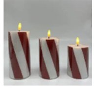 Candle Set of 3 Flameless White and Red Striped Flashing LED Christmas Wax Pillar Candles Holders Home Decor Garden