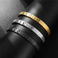 Big Size Men Women Stainless Steel Gold Color Open Bangle Roman Numeral Lover Cuff Bracelet Bangle For Men Wedding Jewelry Gift