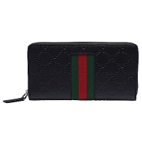 GUCCI 古馳 經典Signature系列GG壓紋綠紅綠織帶拉鍊長夾(黑)