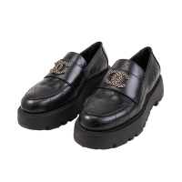 CHANEL 菱格紋金屬雙C LOGO 厚底樂福鞋-37(黑色)