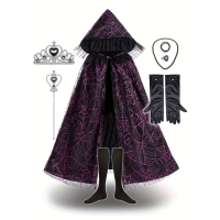 Black and Purple Hooded Witch Cloak Set with Witch Hat, Crown, Gloves, Wand and Necklace Decoration,