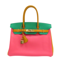 【二手名牌BRAND OFF】HERMES 愛馬仕 綠/橘/粉色 Mysore皮革 Birkin 30 柏金包 手提包 □P刻 金扣