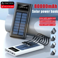 80000mAh Solar Power Supply Built-in Cable Fast Charger 2 USB Charging Ports for Xiaomi Phones with LED Lights Free Shipping
