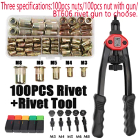 100pcs Rivet Nut +Hand Threaded Rivet Nuts Gun BT606 M3 M4 M5 M6 M8 Double Insert Manual Riveter Gun Riveting Rivnut Rivet Tool