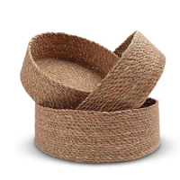 Kitchen Storage Basket Circular Woven Rush Straw Articles for Cosmetics Organizer Table Sundries Dri