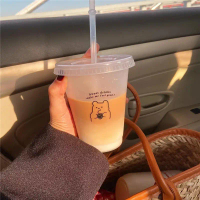 【Shot】 【Q】Water Bottle For Coffee Juice Milk Tea Kawaii Plastic Cold Cups With Lid Straw Portable Re