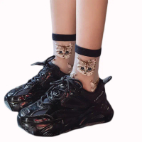 【OT SHOP】女款日系貓咪圖案透膚絲襪 中筒襪 M1068-多色可選(潮流個性 可搭老爺鞋 日系學院風 學生襪)