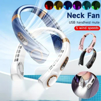 2024 New Mini Air Conditioner Wearable Neck Fan Rechargeable Portable Fan 5 Gears LED Display Screen 7 Colorful Night Lights