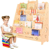 5 Tier Kid Book Shelves,Wood Kids Stand Bookcase, Cartoon Cubbies Reading Book Stand for Kids, Toy Storage Organizer