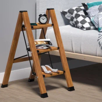 Multi-functional Wood Grain Ladder Stool: Portable 3-Step Foldable Ladder Herringbone Flower Stand Space-Saving Design