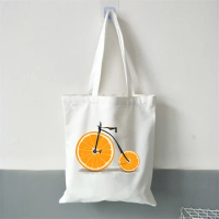Women Canvas Shopping Bag Fun Lemon Oranges Bicycle Pattern Tote Bag Large Capacity Tote Bags Student Book Bag Gift For Friends