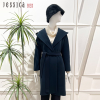 JESSICA RED - 氣質時尚百搭綁帶連帽羊毛大衣外套8246C7