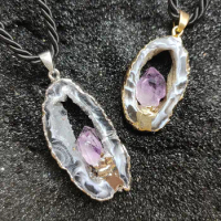 Natural Hollowed Agate Geode Slice Druzy Pendant with Amethyst Inlaided Golden Edge Plated Irregualr Shape Healing Crystals Gift