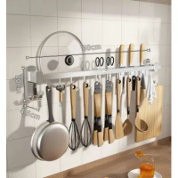 廚房用品多功能置物掛架(銀色60cm10鈎可放鍋蓋)(尺寸:60*10*4.5CM)