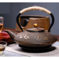 煮茶壺生鐵壺無塗層茶具(規格:黑金櫻花) 