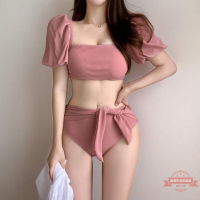 2022年新款泳衣女粉色泡泡袖系帶蝴蝶結顯白高腰比基尼兩件套泳裝