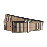 BURBERRY 巴寶莉  金屬LOGO不敗格紋設計環保帆布男士雙面釦式皮帶(寬版/典藏米)
