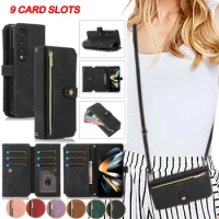 Crossbody Wallet Phone Case for Samsung Galaxy Z Fold 5 4 3 Fold5 Fold4 Fold3 5G Card Holder Stand Lanyard Flip Leather Cover