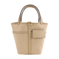 【Hermes 愛馬仕】Picotin Lock 18cm 帆布牛皮桶包(AF奶茶/U刻/銀釦)