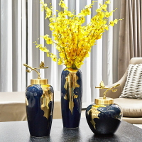 輕奢藍流金現代陶瓷花瓶純銅鳥擺件新中式歐式客廳插花陶瓷大花瓶