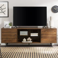 Mid Century Modern 2 Door Glass Shelf TV Stand for TVs up to 80 Inches, 70 Inch, Dark Walnut